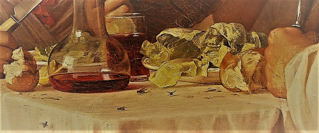 Stillleben mit Wein und Lebensmitteln